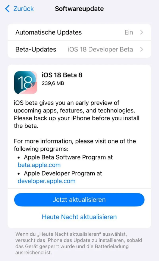 甘州苹果手机维修分享苹果 iOS / iPadOS 18 开发者预览版 Beta 8 发布 